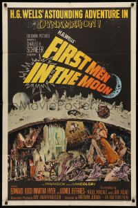 3x0834 FIRST MEN IN THE MOON 1sh 1964 Ray Harryhausen, H.G. Wells, great sci-fi art, black style!
