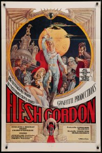 3x0836 FLESH GORDON 1sh 1974 sexy sci-fi spoof, wacky erotic super hero art by George Barr!