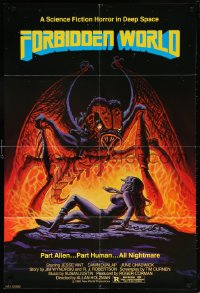 3x0841 FORBIDDEN WORLD 1sh 1982 Roger Corman, cool sci-fi art of giant monster attacking sexy girl!