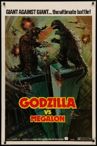 3x0872 GODZILLA VS. MEGALON 1sh 1976 Gojira tai Megaro, art of monsters battling on Twin Towers!