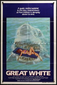 3x0878 GREAT WHITE 1sh 1982 great artwork of huge shark attacking girl in bikini on raft!