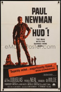 3x0910 HUD 1sh 1963 Mitchell Hooks art of Paul Newman as the man with the barbed wire soul!