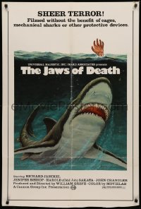 3x0936 JAWS OF DEATH 1sh 1976 Mako, Jaeckel, great art of shark attacking & hand raised from water!
