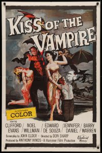 3x0954 KISS OF THE VAMPIRE 1sh 1963 Hammer, cool art of devil bats attacking by Joseph Smith!