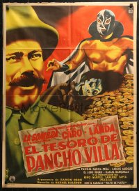 3x0053 EL TESORO DE PANCHO VILLA Mexican poster 1954 Diaz art of masked wrestler & gold pile!