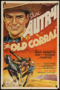 3x1069 OLD CORRAL 1sh 1936 close portrait of singing cowboy Gene Autry + western action, ultra-rare!