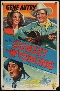 3x1214 SUNSET IN WYOMING 1sh 1941 art of Gene Autry w/guitar, Smiley Burnette & Maris Wrixon!!