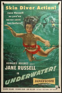 3x1269 UNDERWATER 1sh 1955 Howard Hughes, art of sexiest skin diver Jane Russell swimming by shark!