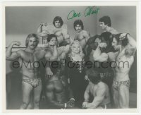 3y0875 MAE WEST signed 8x9.75 REPRO still 1980s great image surrounded by bodybuilders in Sextette!