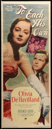 3y0140 TO EACH HIS OWN signed insert 1946 by Olivia De Havilland, great close image with John Lund!