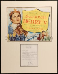 3y0145 LAURENCE OLIVIER signed letter in 17x22 display 1973 includes a Henry V R1948 LC!