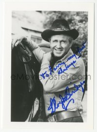 3y0472 LLOYD BRIDGES signed 4x5 photo 1990s great smiling portrait with cowboy hat & horse!