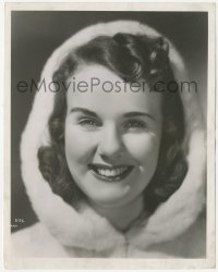 3z0114 DEANNA DURBIN 8x10.25 still 1939 happy smiling portrait of the leading lady wearing fur hood!