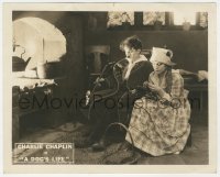 3z0005 DOG'S LIFE 8x10 LC 1918 c/u of Charlie Chaplin with pipe sitting by Edna Purviance knitting!
