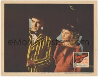 3z1058 NIGHTMARE ALLEY LC #6 1947 c/u of carnival barker Tyrone Power & Joan Blondell in shadows!