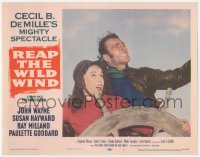 3z1117 REAP THE WILD WIND LC #1 R1954 John Wayne & Paulette Goddard at wheel of ship in storm!