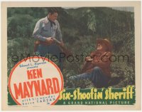 3z1197 SIX-SHOOTIN' SHERIFF LC 1938 angry Ken Maynard points gun at bad man laying on ground!