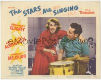 3z1230 STARS ARE SINGING LC #2 1953 close up of singer Rosemary Clooney helping drummer play!