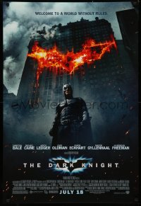 4a0806 DARK KNIGHT advance DS 1sh 2008 Christian Bale as Batman in front of burning bat symbol!