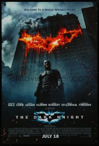4a0808 DARK KNIGHT int'l advance DS 1sh 2008 Christian Bale as Batman in front of burning bat symbol!