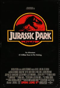 4a0928 JURASSIC PARK advance 1sh 1993 Steven Spielberg, classic logo with T-Rex over red background