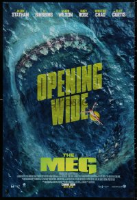 4a0985 MEG int'l advance DS 1sh 2018 image of giant megalodon and floating woman, opening wide!