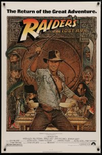 4a1030 RAIDERS OF THE LOST ARK 1sh R1980s great art of adventurer Harrison Ford by Richard Amsel!