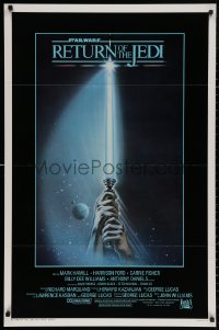 4a1038 RETURN OF THE JEDI 1sh 1983 George Lucas, art of hands holding lightsaber by Reamer!