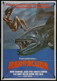 4a0203 BARRACUDA Spanish 1979 great artwork of huge killer fish attacking sexy diver in bikini!