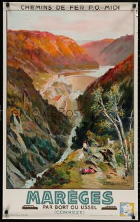 4a0425 MAREGES 25x39 French travel poster 1936 Champseix art of shepherdess w/ dam in the background