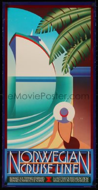 4a0401 NORWEGIAN CRUISE LINE 19x38 travel poster 1989 art deco art of woman & ship at sea!