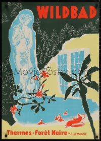 4a0397 WILDBAD 24x33 German travel poster 1950s great art of statue over bathers, French language design!