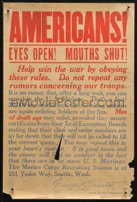 4a0471 AMERICANS EYES OPEN MOUTHS SHUT 11x16 WWI war poster 1910s do not repeat any rumors about troops!