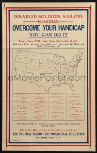 4a0494 OVERCOME YOUR HANDICAP 12x19 WWI war poster 1910s Uncle Sam will train you for useful work!