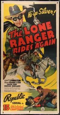 4b0018 LONE RANGER RIDES AGAIN linen 3sh 1939 cool art of masked Robert Livingston & Tonto, serial!