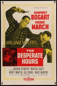 4b0087 DESPERATE HOURS linen 1sh 1955 Humphrey Bogart attacks Fredric March from behind, William Wyler