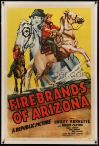 4b0103 FIREBRANDS OF ARIZONA linen 1sh 1944 Smiley Burnettes, Sunset Carson, cool western cowboy art!