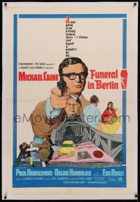 4b0112 FUNERAL IN BERLIN linen 1sh 1967 art of Michael Caine pointing gun, directed by Guy Hamilton!