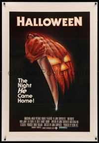 4b0128 HALLOWEEN linen 1sh 1978 John Carpenter classic, great Bob Gleason art with green ratings box!