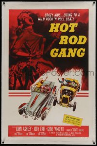4b0142 HOT ROD GANG linen 1sh 1958 fast cars, crazy kids, art of teens in dragsters & dancing girl!