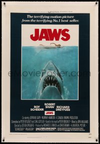 4b0152 JAWS linen 1sh 1975 Roger Kastel art of Spielberg's man-eating shark attacking sexy swimmer!