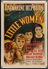 4b0163 LITTLE WOMEN linen 1sh 1933 Katharine Hepburn, Joan Bennett, Frances Dee, Alcott, ultra rare!