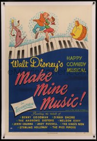 4b0172 MAKE MINE MUSIC linen 1sh 1946 Walt Disney full-length feature cartoon, musical piano art!