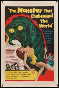 4b0180 MONSTER THAT CHALLENGED THE WORLD linen 1sh 1957 great art of the creature & female victim!