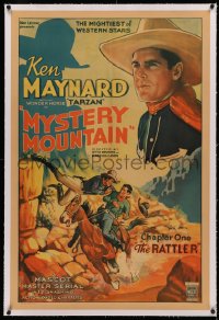 4b0185 MYSTERY MOUNTAIN linen chapter 1 1sh 1934 great art of Ken Maynard, The Rattler, very rare!