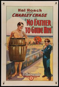 4b0190 NO FATHER TO GUIDE HIM linen 1sh 1925 art of naked Charley Chase wearing only a barrel, rare!
