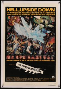 4b0216 POSEIDON ADVENTURE linen int'l 1sh 1972 art of Gene Hackman & cast escaping by Mort Kunstler!