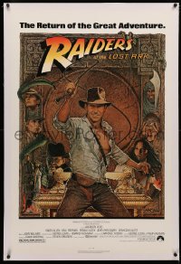 4b0223 RAIDERS OF THE LOST ARK linen 1sh R1980s great Richard Amsel art of adventurer Harrison Ford!