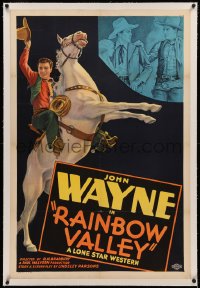 4b0155 JOHN WAYNE linen stock 1sh 1939 art of him on rearing horse & fighting, Rainbow Valley, rare!