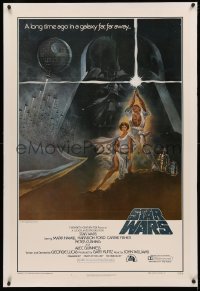 4b0250 STAR WARS linen first printing int'l 1sh 1977 George Lucas classic epic, art by Tom Jung!